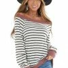 Staccato Tops Off White Striped Stretchy Knit Top With Dusty Coral Trim