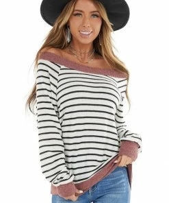 Staccato Tops Off White Striped Stretchy Knit Top With Dusty Coral Trim
