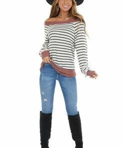 Staccato Tops Off White Striped Stretchy Knit Top With Dusty Coral Trim