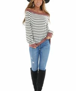Staccato Tops Off White Striped Stretchy Knit Top With Dusty Coral Trim