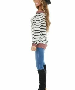 Staccato Tops Off White Striped Stretchy Knit Top With Dusty Coral Trim