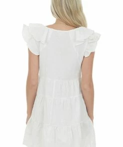 Umgee Off White Textured Ruffle Sleeve Short Dress