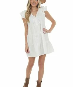 Umgee Off White Textured Ruffle Sleeve Short Dress