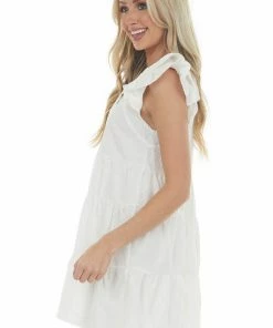 Umgee Off White Textured Ruffle Sleeve Short Dress
