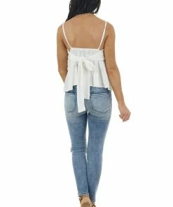 Lush Clothing Tops Off White Textured Woven V Neck Cami With Back Tie Bow