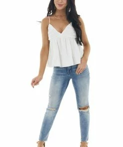 Lush Clothing Tops Off White Textured Woven V Neck Cami With Back Tie Bow