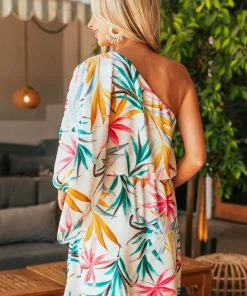 Caramela Off White Tropical Print One Shoulder Short Dress