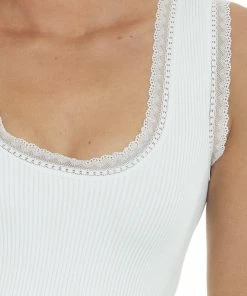 DYNAMIC Tops Off White U Neck Lace Trim Ribbed Knit Crop Tank