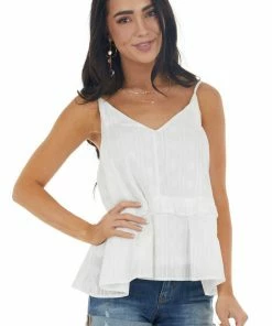 Entro Off White V Neck Tiered Woven Tank Top Tops