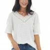 BiBi Off White Waffle Knit V Neck Short Sleeve Top With Lace Tops