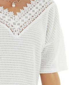 BiBi Off White Waffle Knit V Neck Short Sleeve Top With Lace Tops