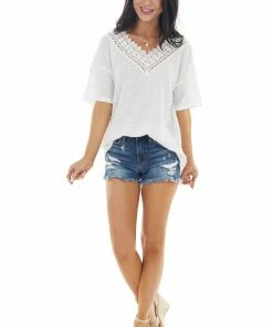 BiBi Off White Waffle Knit V Neck Short Sleeve Top With Lace Tops