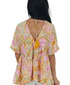 Entro Olive And Fuchsia Abstract V Neck Tiered Top Tops