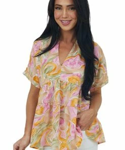 Entro Olive And Fuchsia Abstract V Neck Tiered Top Tops