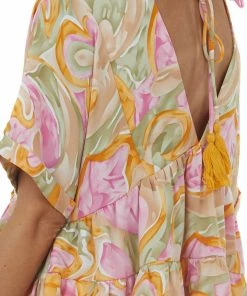 Entro Olive And Fuchsia Abstract V Neck Tiered Top Tops