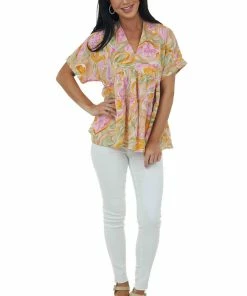 Entro Olive And Fuchsia Abstract V Neck Tiered Top Tops