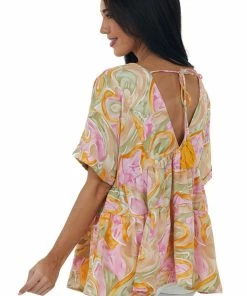 Entro Olive And Fuchsia Abstract V Neck Tiered Top Tops