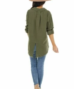 Umgee Tops Olive Button Up Collared Long Sleeve Top With Chest Pockets 24 Umgee Tops Olive Button Up Collared Long Sleeve Top With Chest Pockets