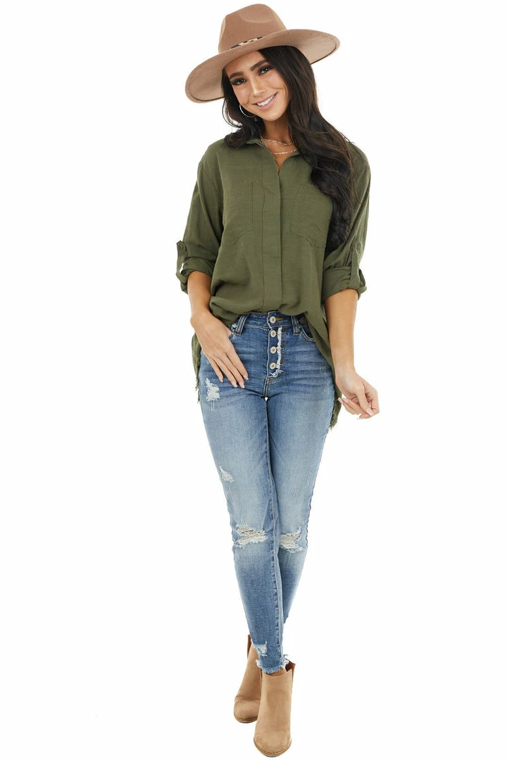 Umgee Tops Olive Button Up Collared Long Sleeve Top With Chest Pockets 4 Umgee Tops Olive Button Up Collared Long Sleeve Top With Chest Pockets