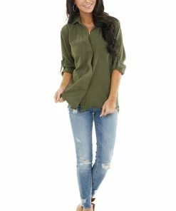 Umgee Tops Olive Button Up Collared Long Sleeve Top With Chest Pockets 22 Umgee Tops Olive Button Up Collared Long Sleeve Top With Chest Pockets