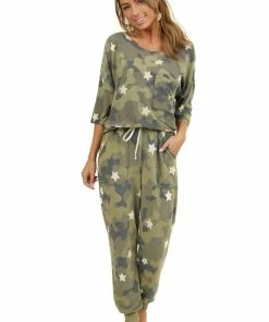 Entro Tops Olive Camo And Star Print Short Sleeve Top With Front Pocket