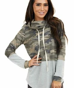 Hailey & Co Tops Olive Camo Colorblock Long Sleeve Top With Cowl Neckline
