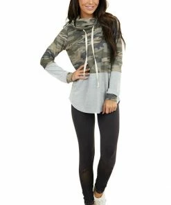 Hailey & Co Tops Olive Camo Colorblock Long Sleeve Top With Cowl Neckline