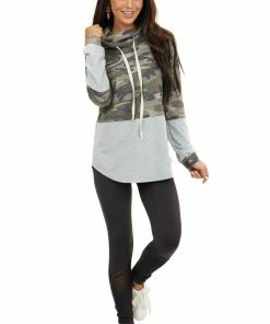 Hailey & Co Tops Olive Camo Colorblock Long Sleeve Top With Cowl Neckline