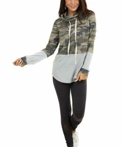 Hailey & Co Tops Olive Camo Colorblock Long Sleeve Top With Cowl Neckline