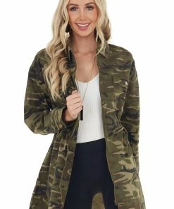 Jodifl Olive Camo Print Long Sleeve Cargo Jacket With Tie Waist Outerwear