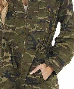 Jodifl Olive Camo Print Long Sleeve Cargo Jacket With Tie Waist Outerwear