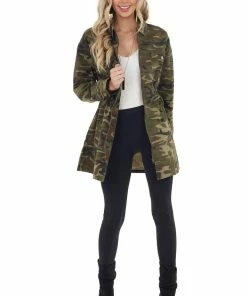 Jodifl Olive Camo Print Long Sleeve Cargo Jacket With Tie Waist Outerwear