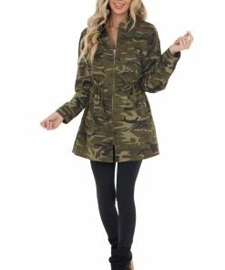 Jodifl Olive Camo Print Long Sleeve Cargo Jacket With Tie Waist Outerwear