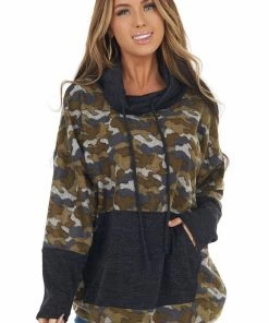 BucketList Olive Camo Print Pullover With Cowl Neck And Kangaroo Pouch