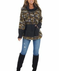 BucketList Olive Camo Print Pullover With Cowl Neck And Kangaroo Pouch