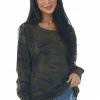 Umgee Tops Olive Camo Print V Stitch Sweatshirt With Raw Edge Detail