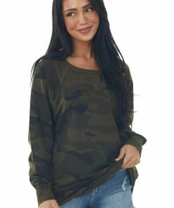 Umgee Tops Olive Camo Print V Stitch Sweatshirt With Raw Edge Detail