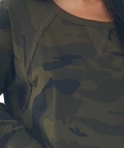 Umgee Tops Olive Camo Print V Stitch Sweatshirt With Raw Edge Detail