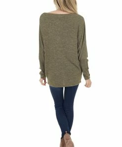 First Love Olive Dolman Sleeve Off Shoulder Top With Button Detail