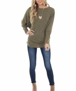 First Love Olive Dolman Sleeve Off Shoulder Top With Button Detail