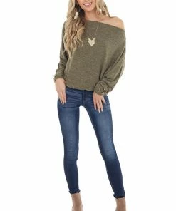 First Love Olive Dolman Sleeve Off Shoulder Top With Button Detail