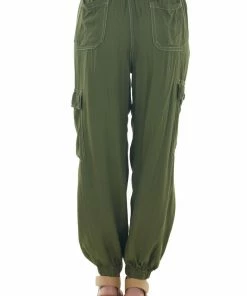 ANGIE Olive Elastic Waist Woven Cargo Pocket Joggers