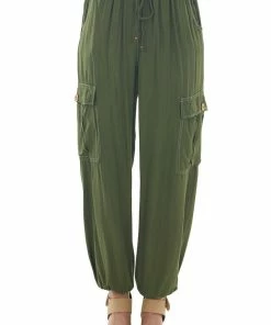 ANGIE Olive Elastic Waist Woven Cargo Pocket Joggers