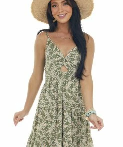 ANGIE Dresses Olive Floral Front Knot Sleeveless Mini Dress