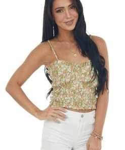 Lush Clothing Olive Floral Print Smocked Cropped Tank Top