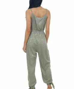 Umgee Dresses Olive Floral Textured Silky Surplice Jumpsuit