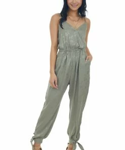 Umgee Dresses Olive Floral Textured Silky Surplice Jumpsuit