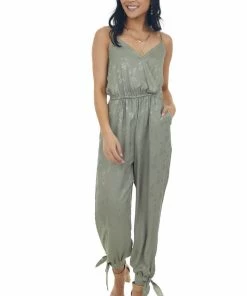Umgee Dresses Olive Floral Textured Silky Surplice Jumpsuit