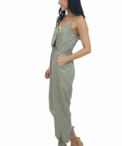 Umgee Dresses Olive Floral Textured Silky Surplice Jumpsuit