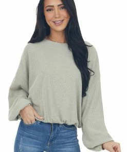 Wishlist Olive Green Long Bubble Sleeve Stretchy Ribbed Knit Top Tops